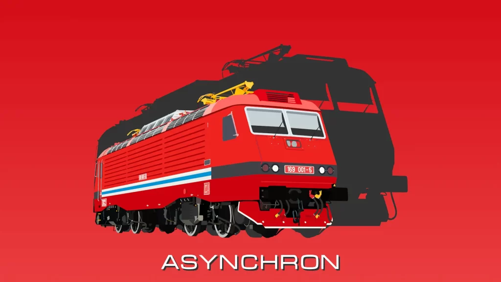 Grafika s červenou elektrickou lokomotivou Asynchron. Červené pozadí, velký šedý stín za lokomotivou.