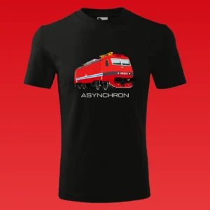 Černé tričko s motivem lokomotivy Asynchron.